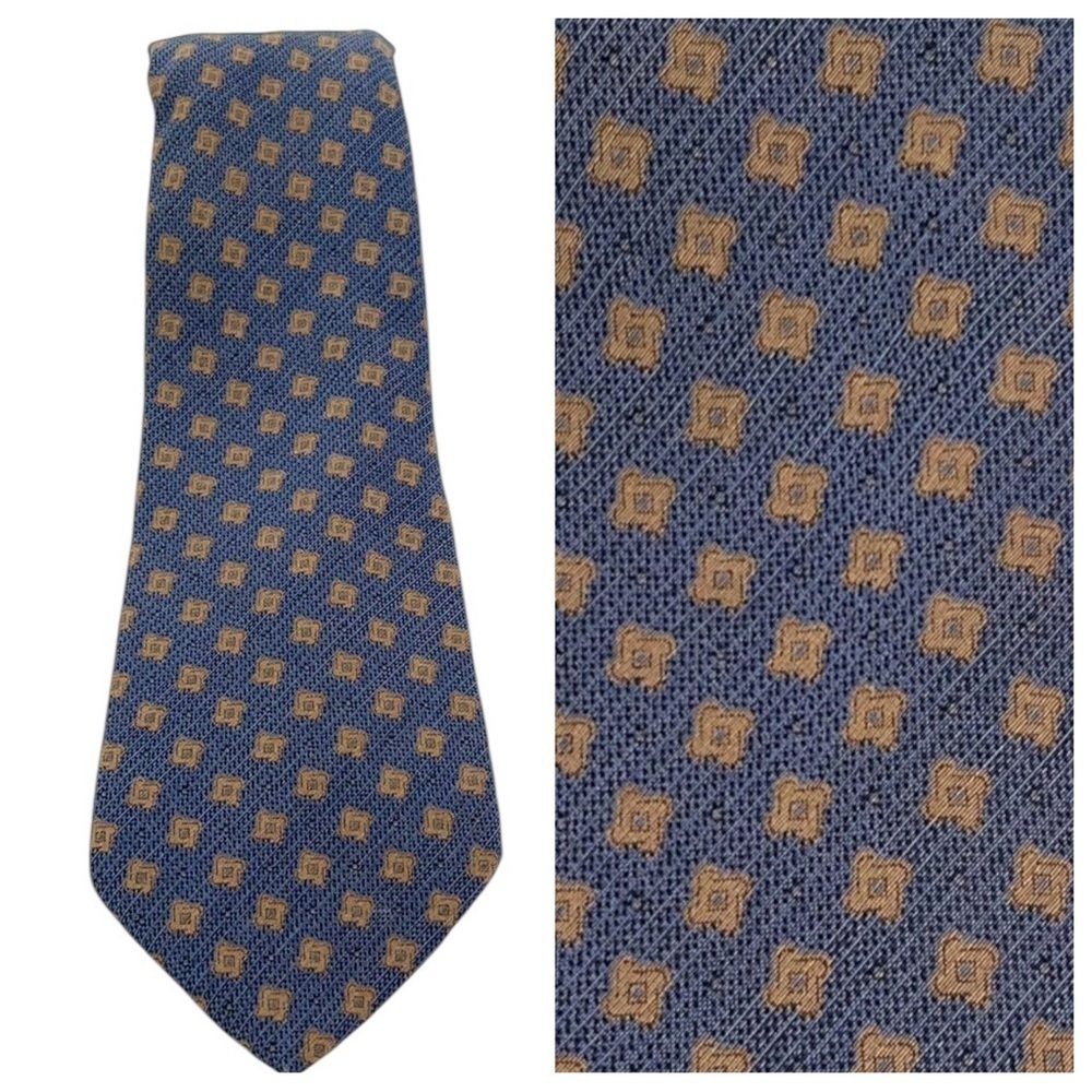 Giorgio Armani Textured Silk Wool Print Tie Blue Tan